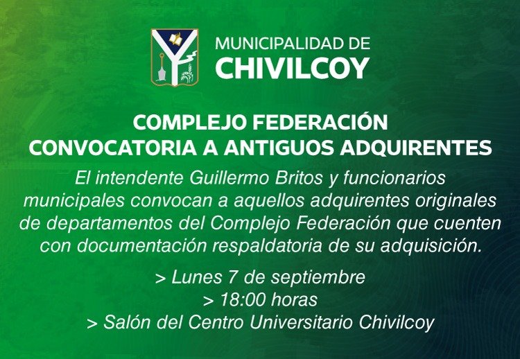 Chivilcoy: El municipio convoca a adquirentes originales del Complejo Federación