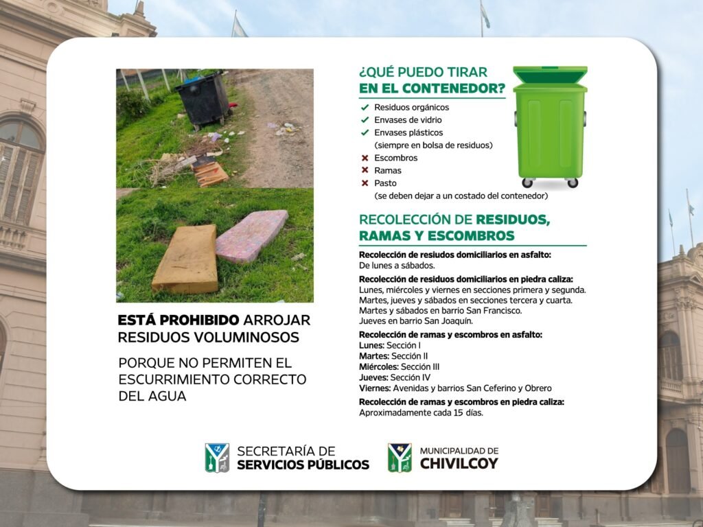 Chivilcoy: Servicios Públicos informó que está prohibido arrojar residuos voluminosos y recordó a la comunidad el cronograma de recolección