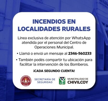 Chivilcoy: Suman una nueva línea de WhatsApp para solicitar asistencia de Bomberos en zonas rurales