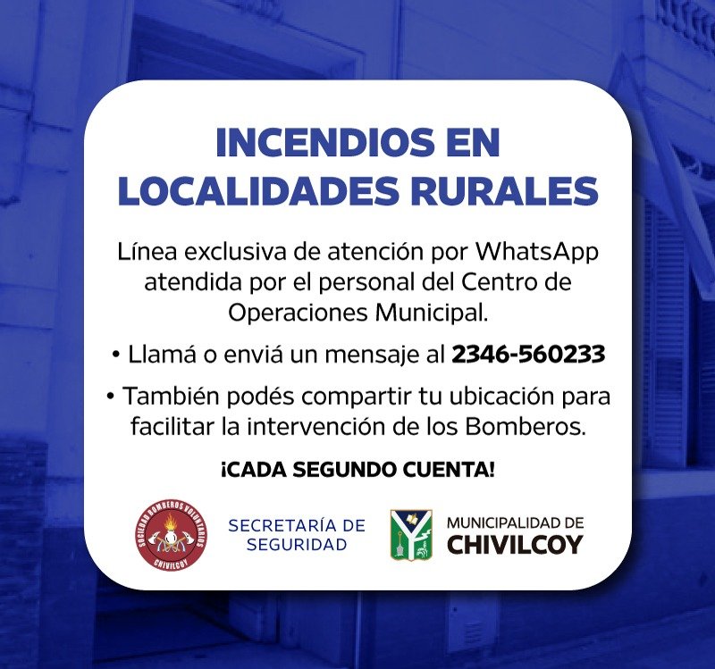 Chivilcoy: Suman una nueva línea de WhatsApp para solicitar asistencia de Bomberos en zonas rurales